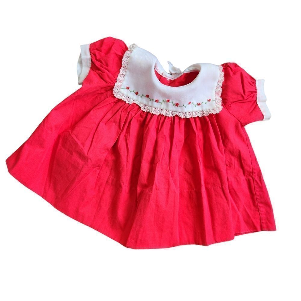 Vintage Sears M 6-9 Month Red White Dress Lace Edging 80s 90s Embroidered